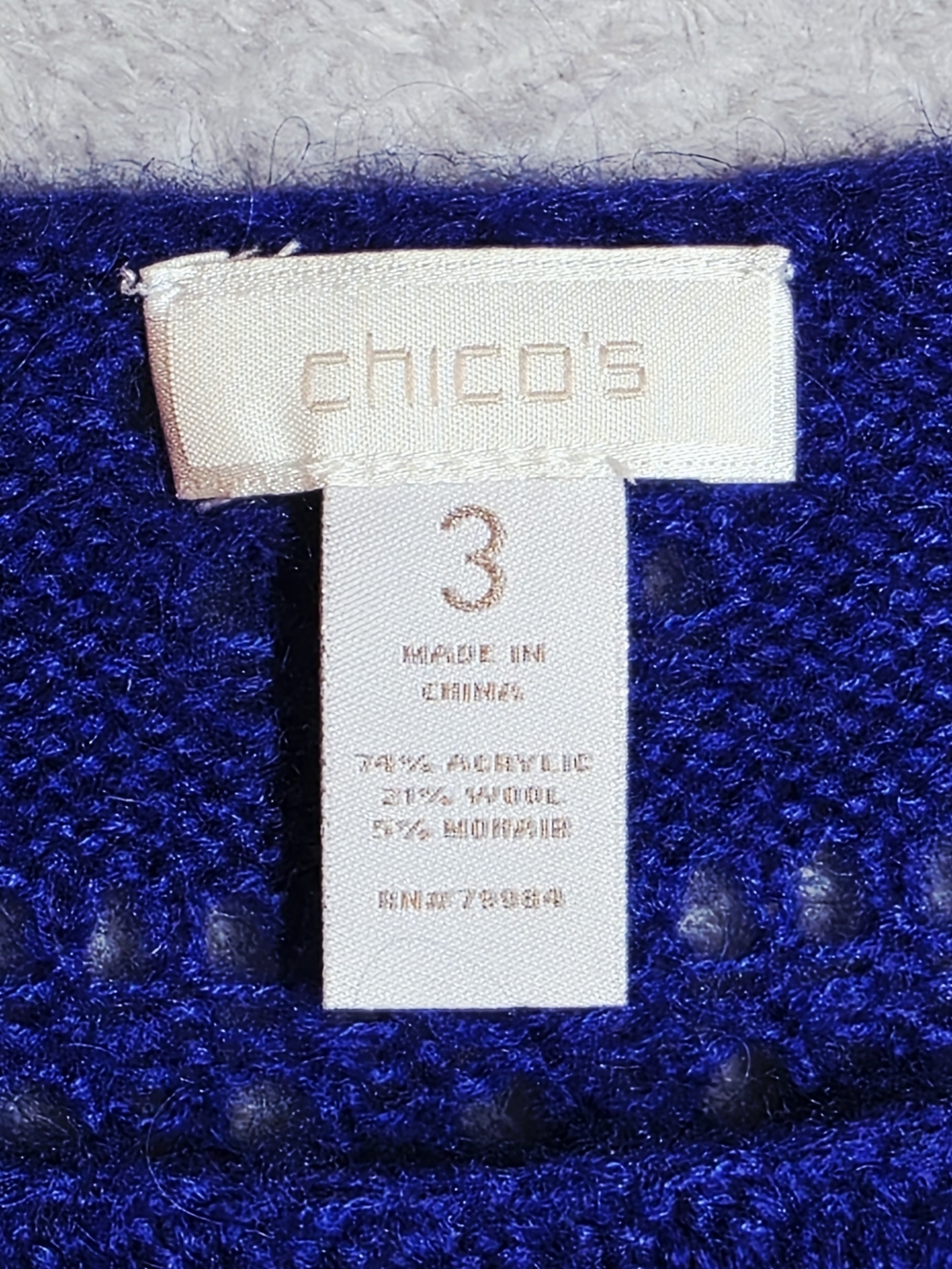 Chico's Sz 3 (16/XL) Cobalt Blue Pointelle Knit Dolman Sleeve Sweater - Picture 4 of 9